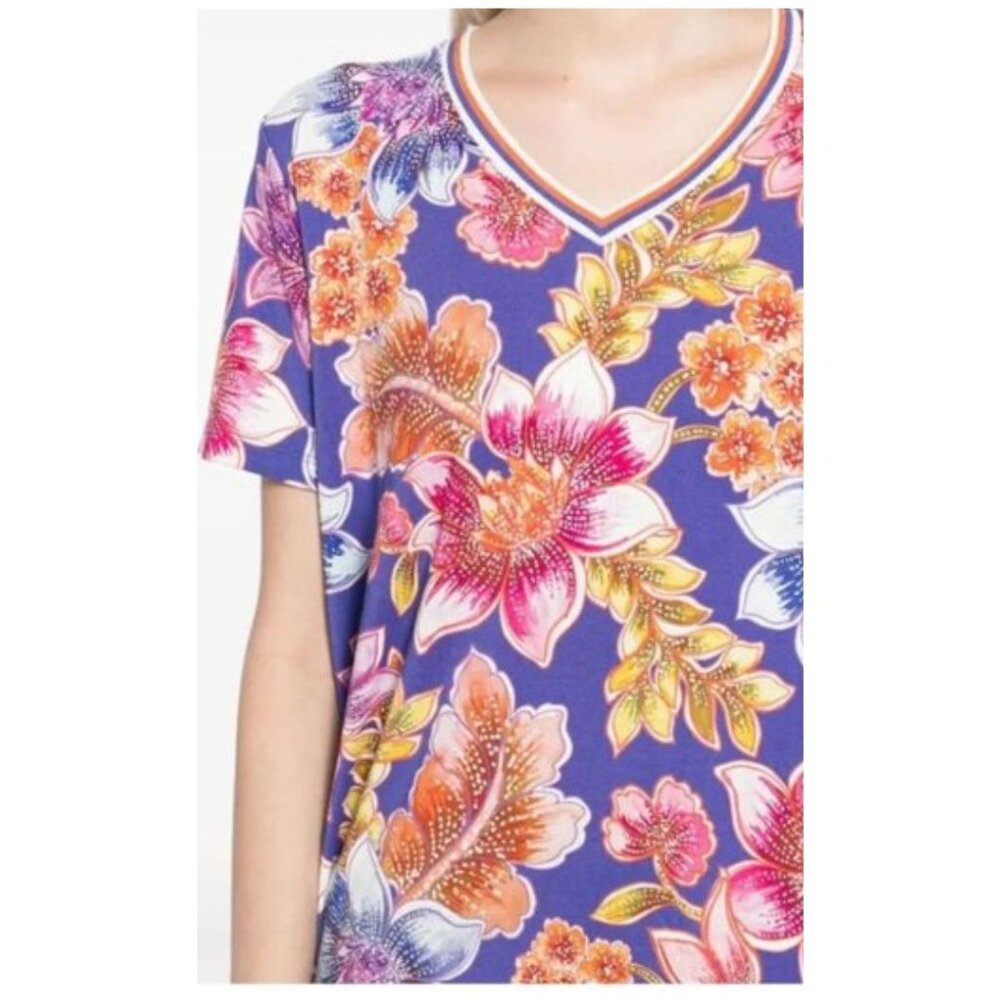 JOHNNY WAS Janie Purple/Pink Tropical Short Sleeve V-Neck Flare T-Shirt Women S